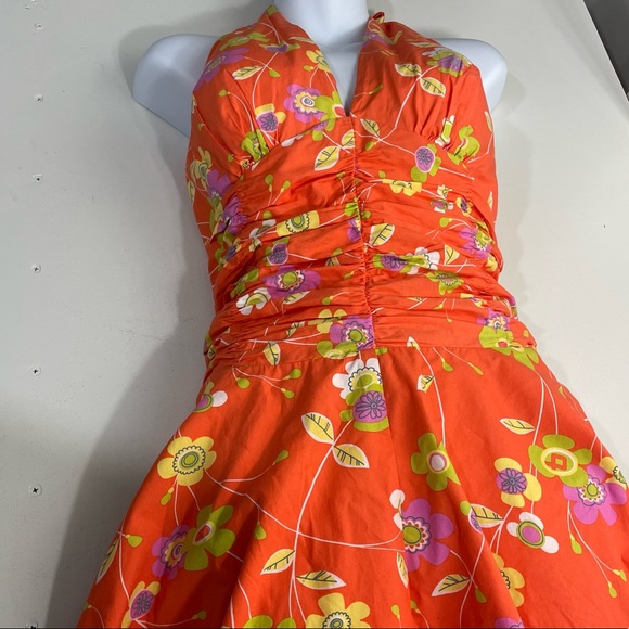 Philip DiCaprio Orange Floral Halter Swing Dress 12 - Picture 5 of 9